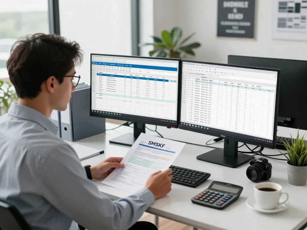 SMSF Accountant reviewing tax documents in a modern office setting with financial reports.