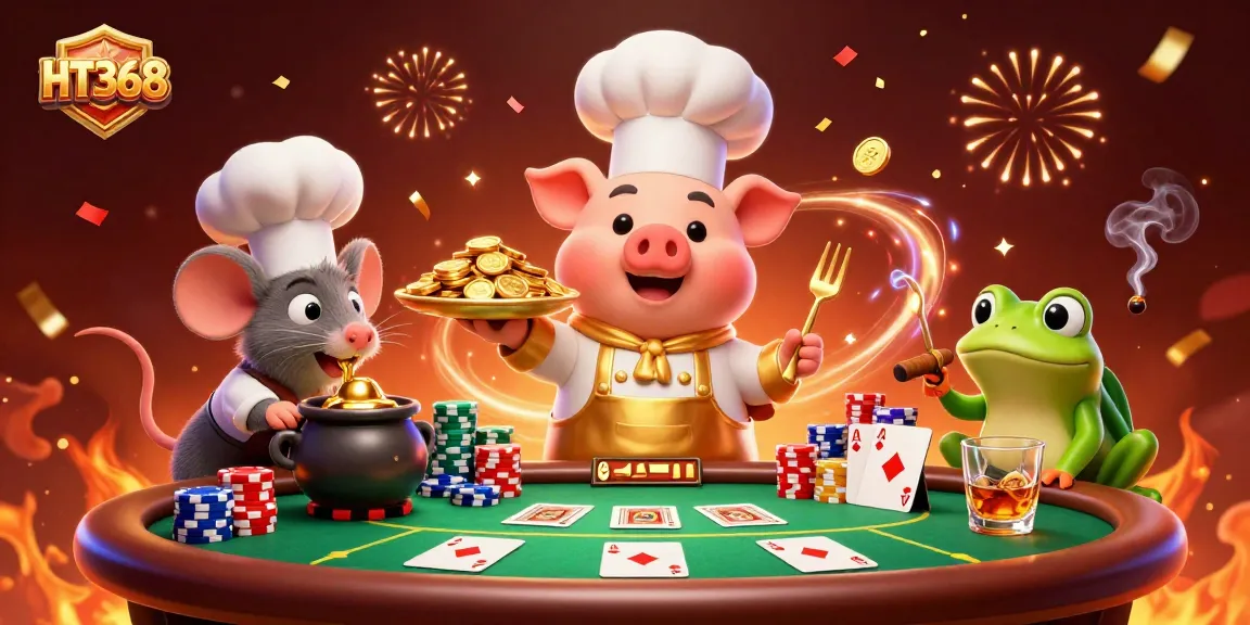 Engaging scene of HT368 showcasing a chef pig, sous-chef mouse, and critic frog enjoying casino glory with poker elements.
