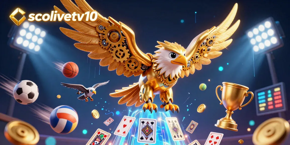 Socolivetv10 showcases a vibrant 3D gambling scene with dynamic sports elements and a cybernetic eagle.