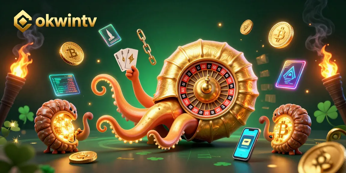 Play your luck at okwintv with a vibrant 3D casino illustration featuring a giant nautilus roulette wheel.