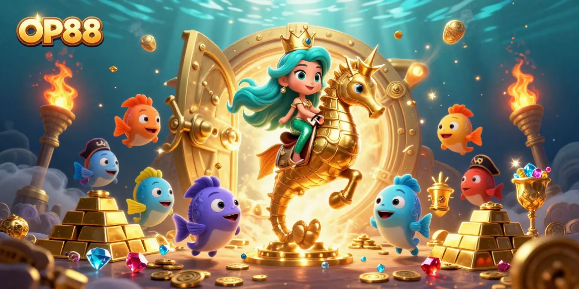 Experience OP88's vibrant casino adventure with a mermaid princess, seahorse, and pirate fish!