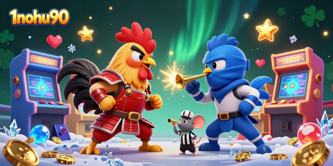 Engage in thrilling cockfighting action at 1nohu90 with dynamic roosters in a vibrant casino scene.