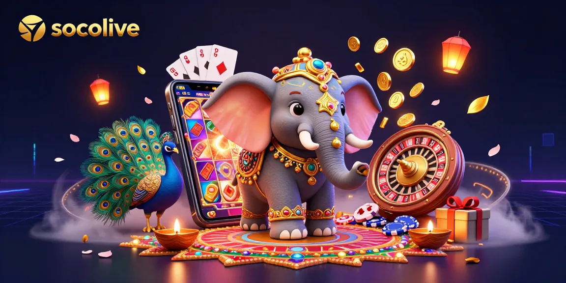 socolive showcases an energetic scene with a colorful slot game and gambling elements, featuring an elephant and peacock