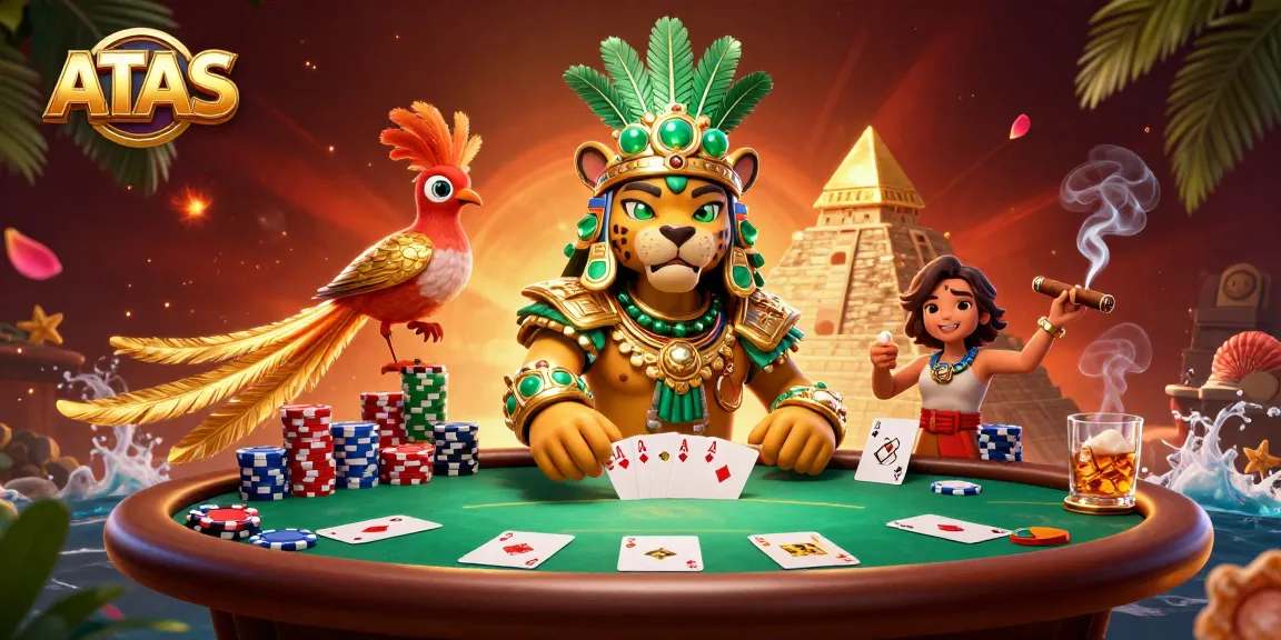 Play poker in the vibrant ATAS Casino environment, showcasing a Mayan priest and quetzal bird with chips and cards.