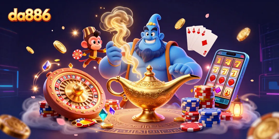 Experience the lively da886 casino scene with a genie's magic and golden treasures floating around.