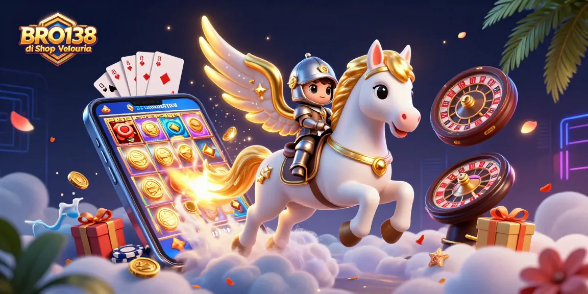BRO138 di Shop Velouria invites players to enjoy fast-paced slot games with a magical 3D illustration of knights and winged horses.