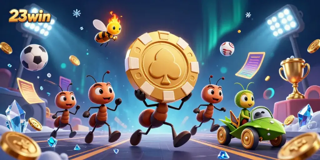 Win big with 23win as ants heist a giant poker chip through a magical tunnel.