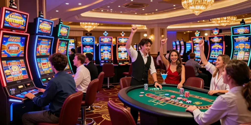 Casino Gratuit scene with players at slot machines and roulette, showcasing excitement.