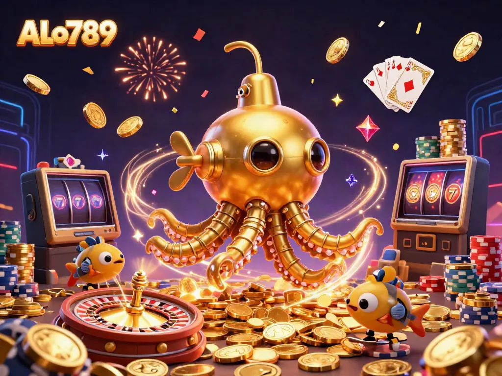 Experience thrilling gameplay with ALo789's golden kraken submarine amidst cascading coins and casino elements.