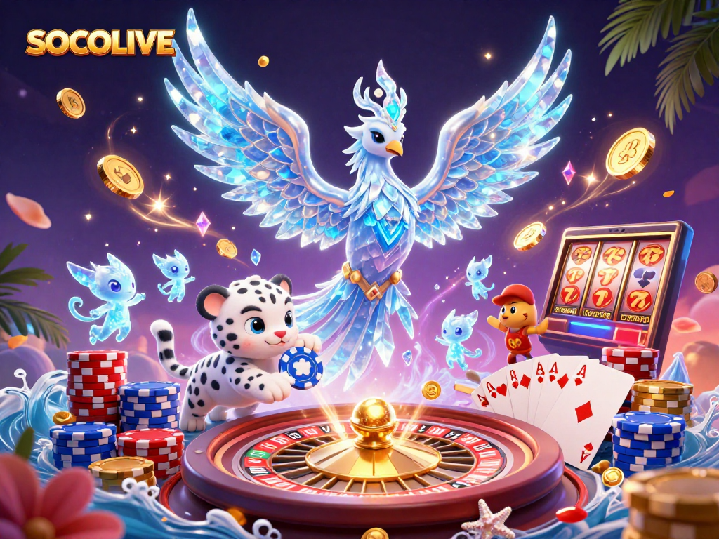 SOCOLIVE's vibrant fantasy scene showcases an ice phoenix and playful leopard, embodying thrilling gaming hope.