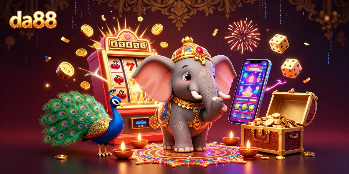 Spin the virtual reels at da88 while enjoying a vibrant 3D casino scene filled with rich symbols and interactive elements.