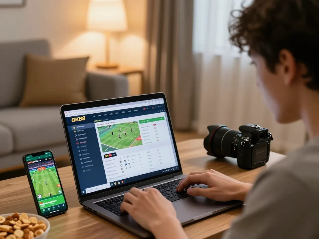 Active user placing bets on GK88 platform from a cozy home setup during an exciting sports event.