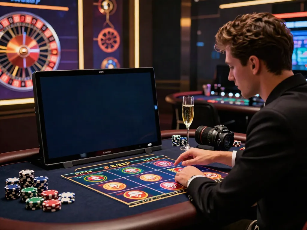 Player enjoying vibrant games at i24Slots Casino, with stylish chips and a smartphone.