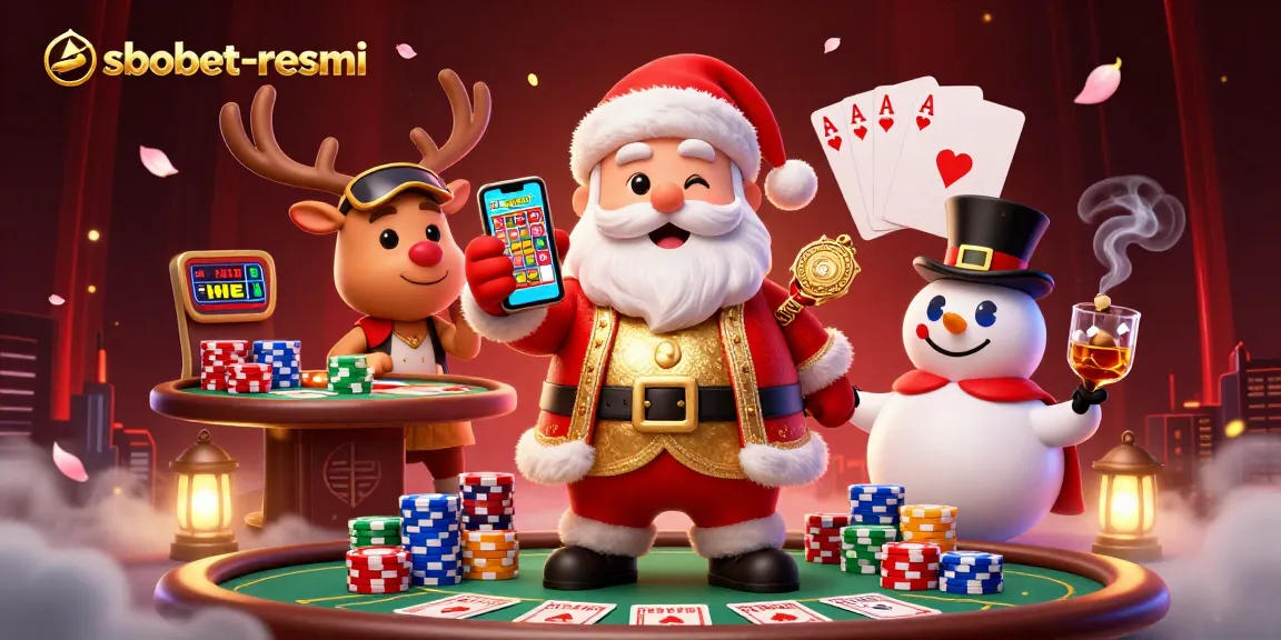 Experience the excitement of sbobet-resmi slots with Santa, reindeer, and poker chips in a vibrant casino scene.