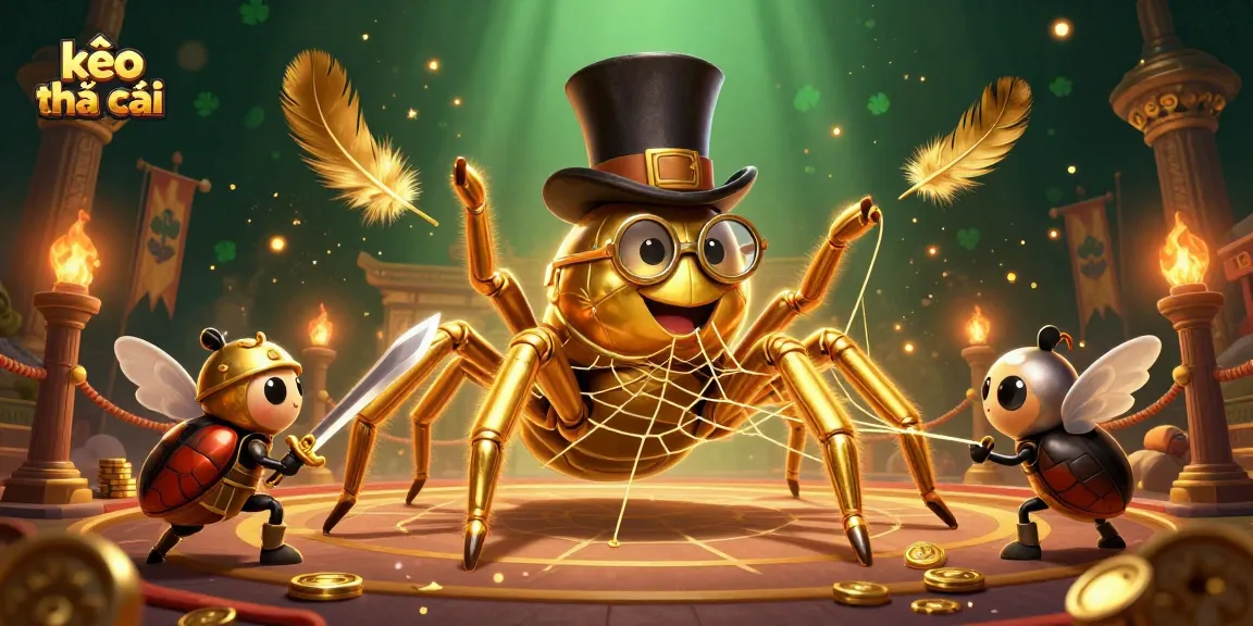 Engage in thrilling kèo nhà cái action with a golden tarantula and beetle knight battling in a vibrant casino scene.