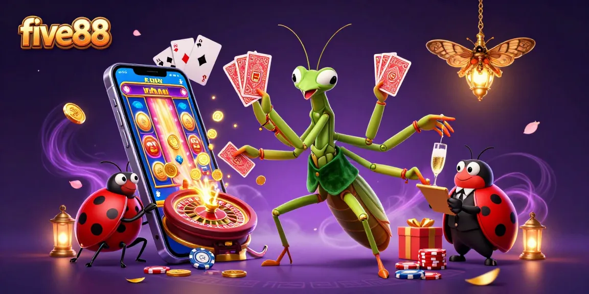 Engage in vibrant gameplay at five88 with a dynamic 3D casino scene featuring cartoon characters.