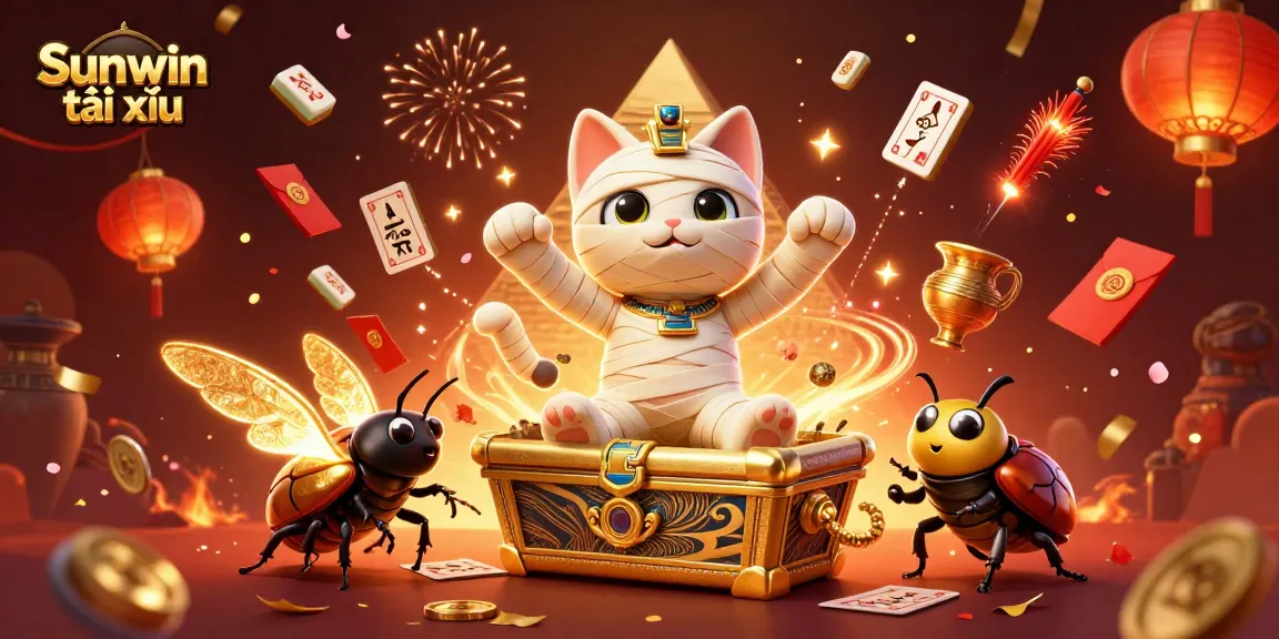 Engage with thrilling action in Sunwin tài xỉu with 3D Egyptian mummy cat and vibrant gambling elements.