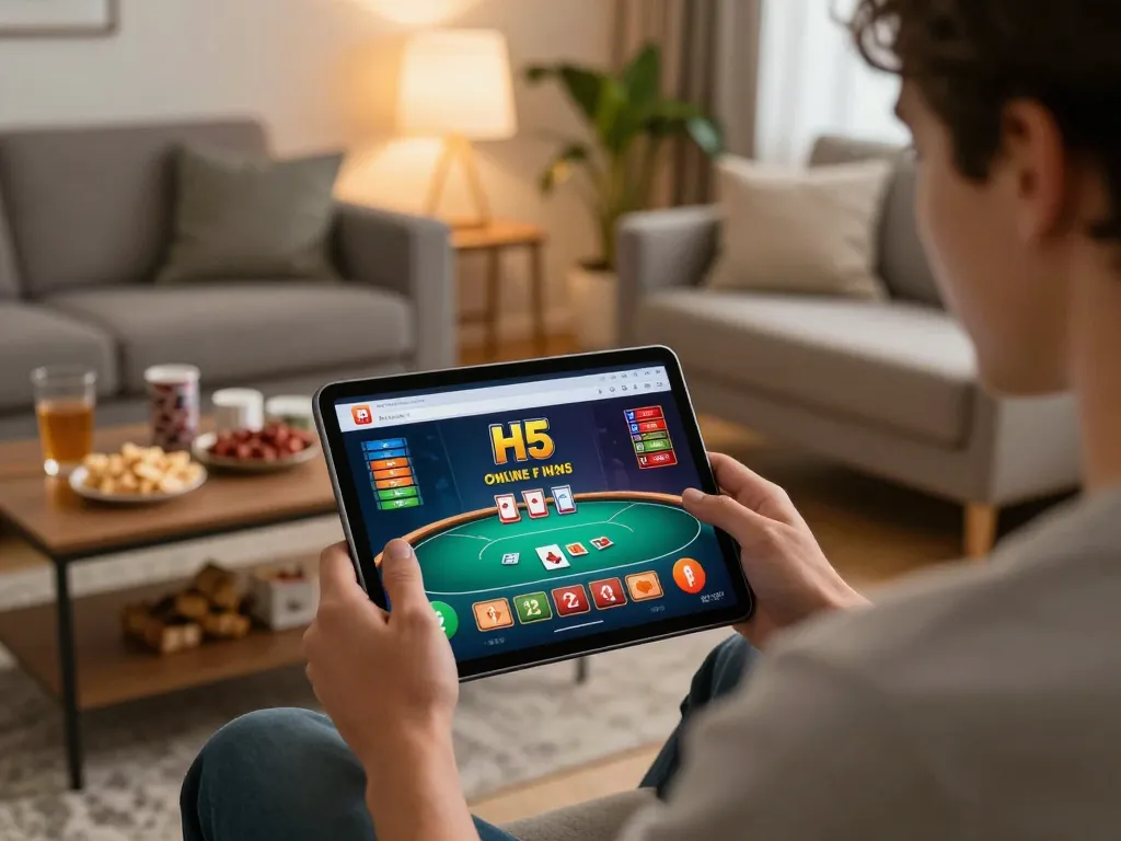 Engaged player enjoying H5 browser play on tablet at home with poker game displayed.