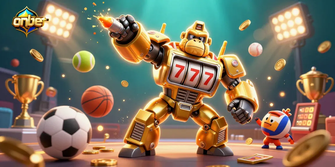 Win big with onbet’s exhilarating casino games featuring a golden gorilla mech and dynamic sports elements.