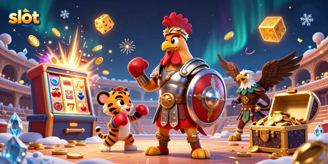 Spin for winnings on exciting slot games with a gladiator rooster and vibrant casino elements.