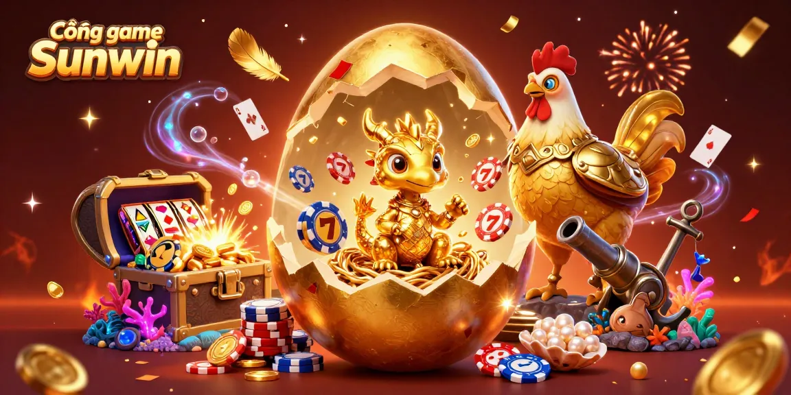 Cổng game Sunwin features a golden egg with a dragon amid poker chips, enhancing casino excitement.