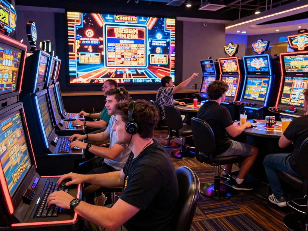 Scena di un vivace casinò online con giocatori felici e slot machine, migliori casino online.