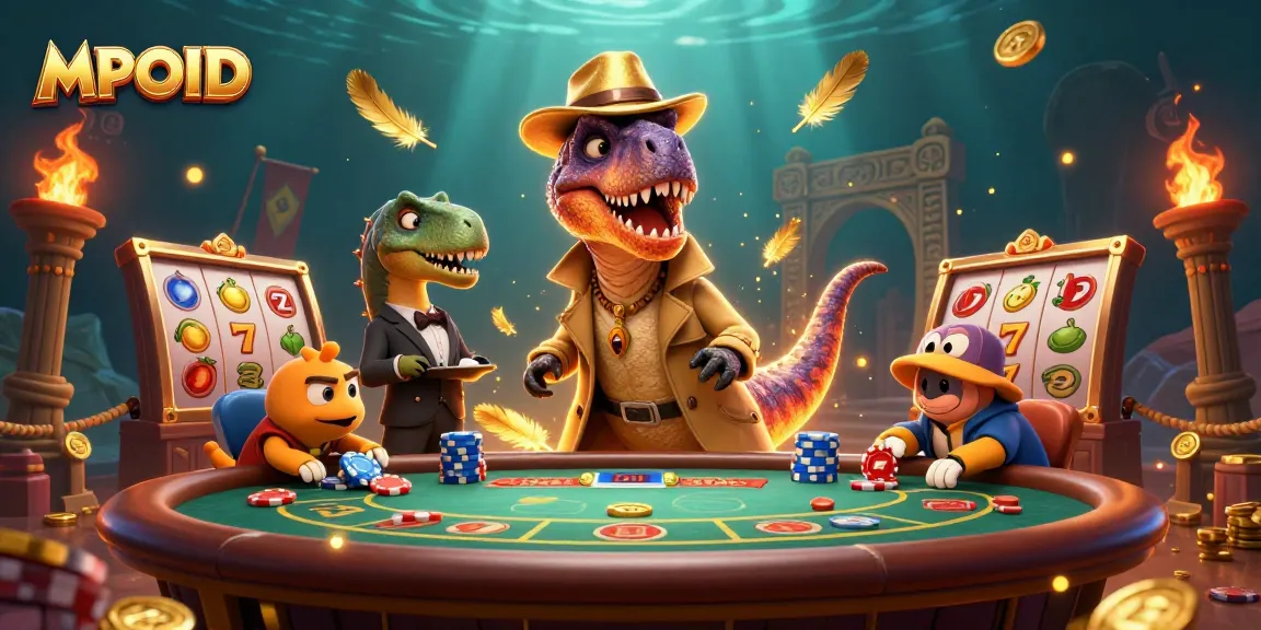 Engage with MPOID's thrilling slot action featuring dynamic characters at a casino table.