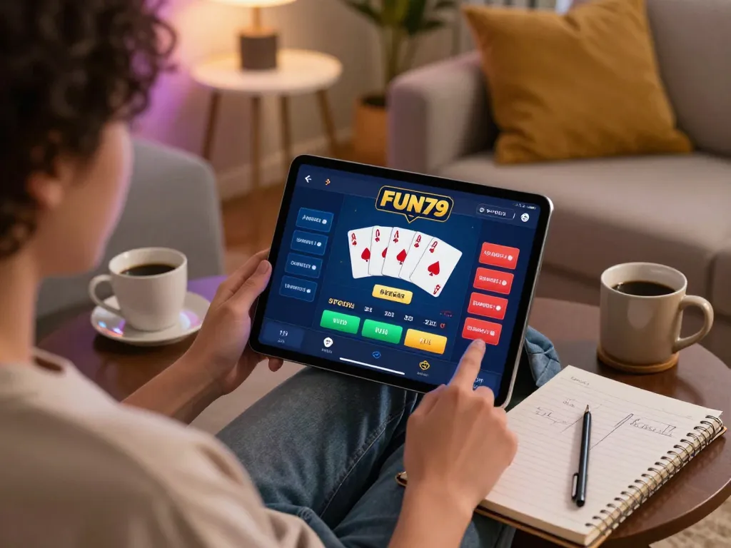Engaging gaming moment featuring FUN79 bet interface on a tablet, showcasing poker strategies.