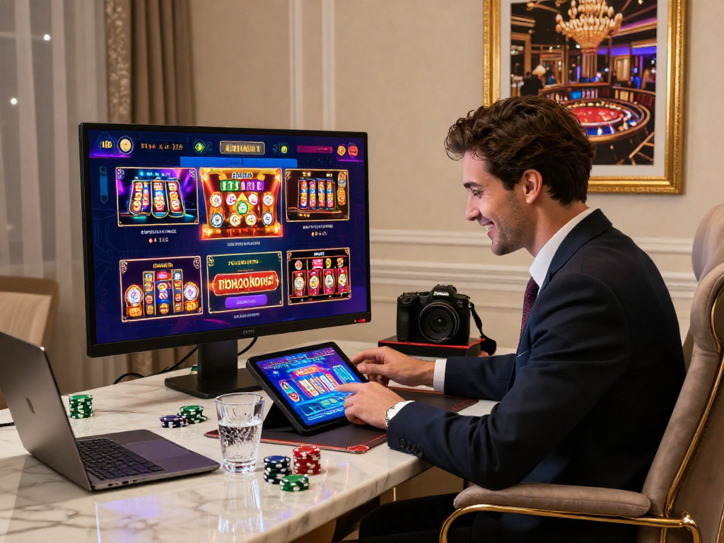 Giocatore felice che esplora i migliori casino online su tablet, con giochi di blackjack e slot.