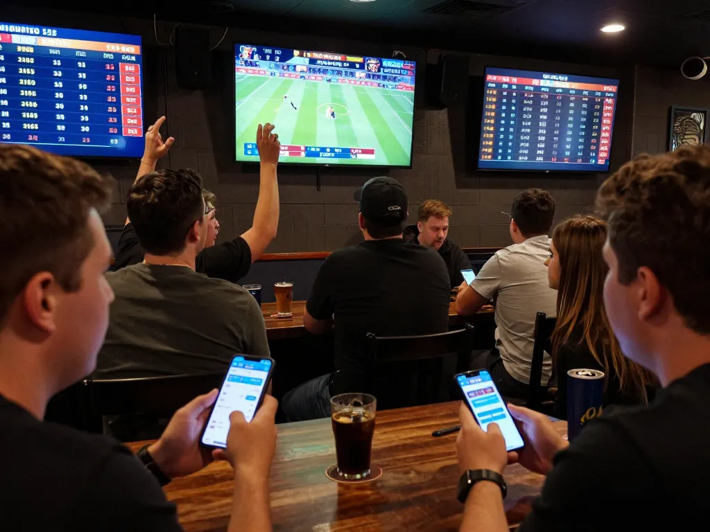 Viewers engaging with sports bets on the RR88 app in an energetic sports bar setting.