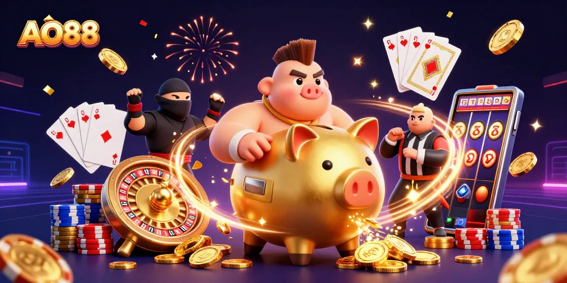 Join the fun with AO88 as a golden sumo piggy bank and friends celebrate in this vibrant casino scene.