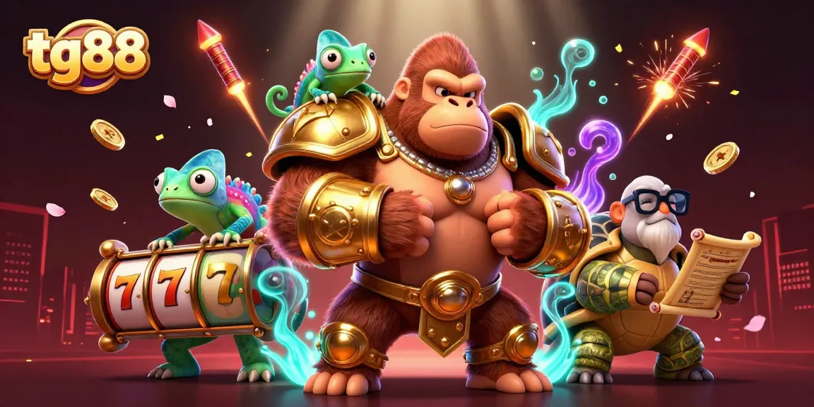 Experience thrilling wins at tg88 with a powerful gorilla king, chameleon, and tortoise in a vibrant casino scene.