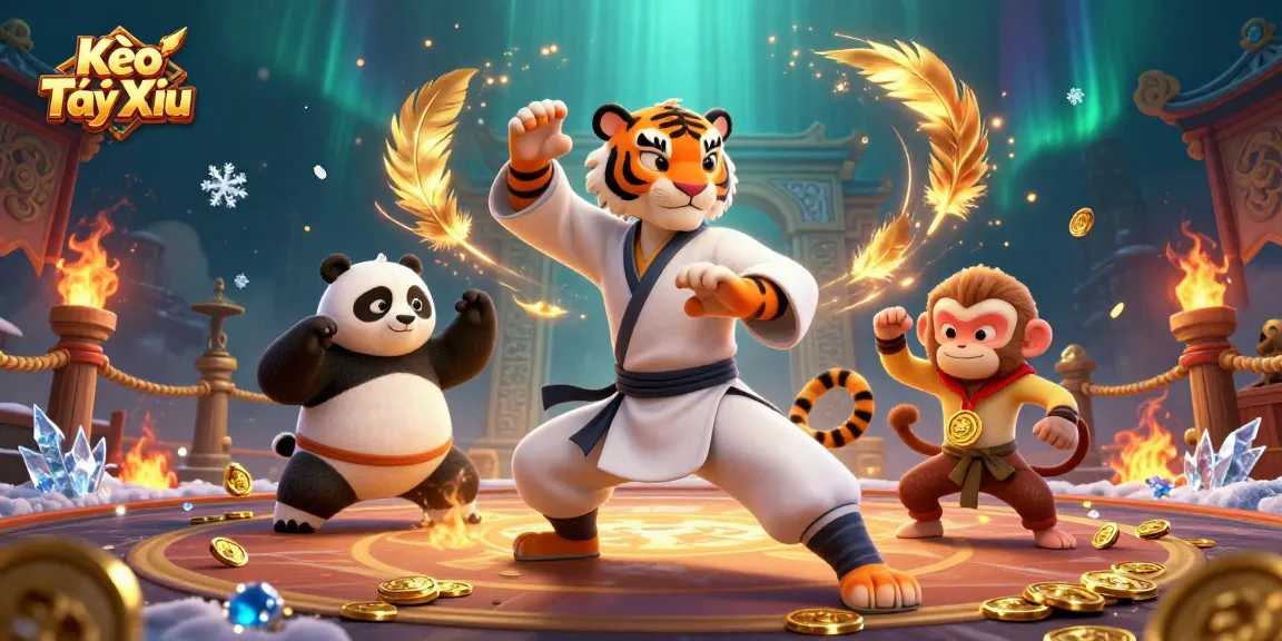 Kèo Tài Xỉu showcases a kung fu tiger master with a panda disciple and a mischievous monkey student celebrating victory in a vibrant casino.