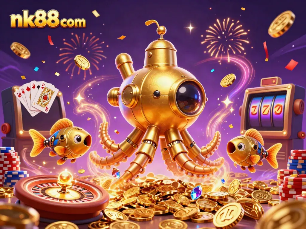 Experience the excitement of nk88 com with a vibrant illustration of a golden kraken submarine in a sea of winning coins.