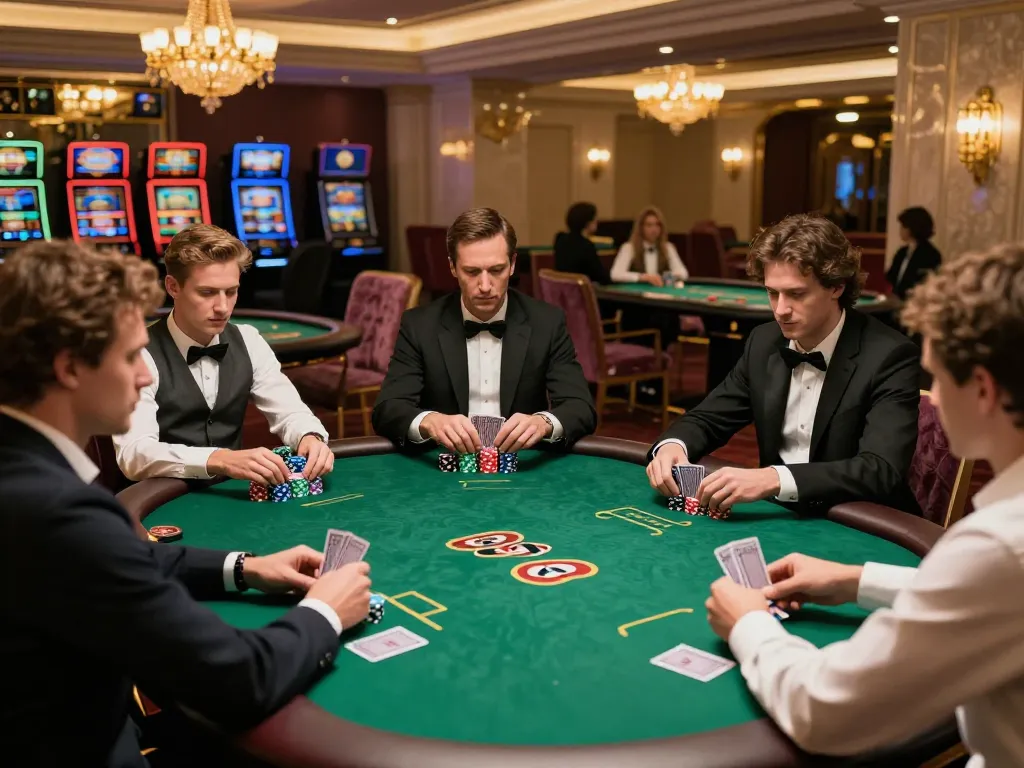 Players enjoying a strategic poker game at a high-stakes table in a glamorous casino setting featuring da88.