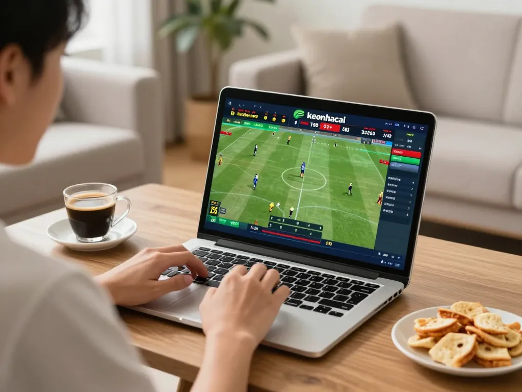 Engaging in online sports betting on keonhacai with a live match displayed, laptop on a cozy table.