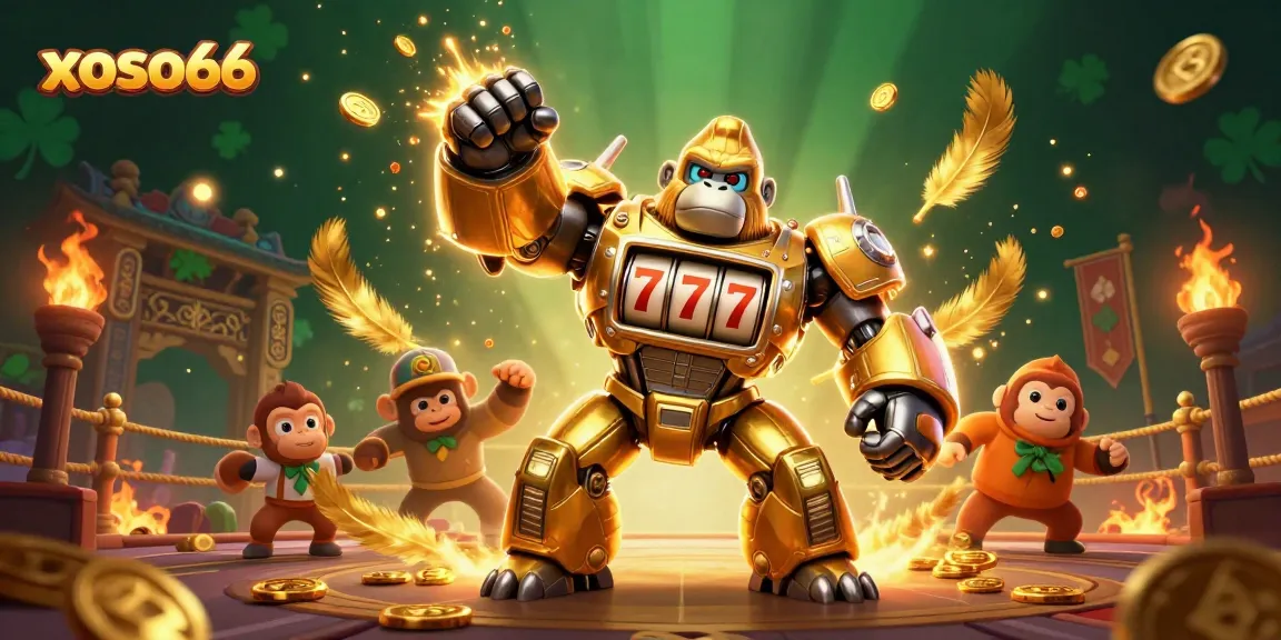 Engage with xoso66's dynamic online lottery experience featuring a golden gorilla mech.