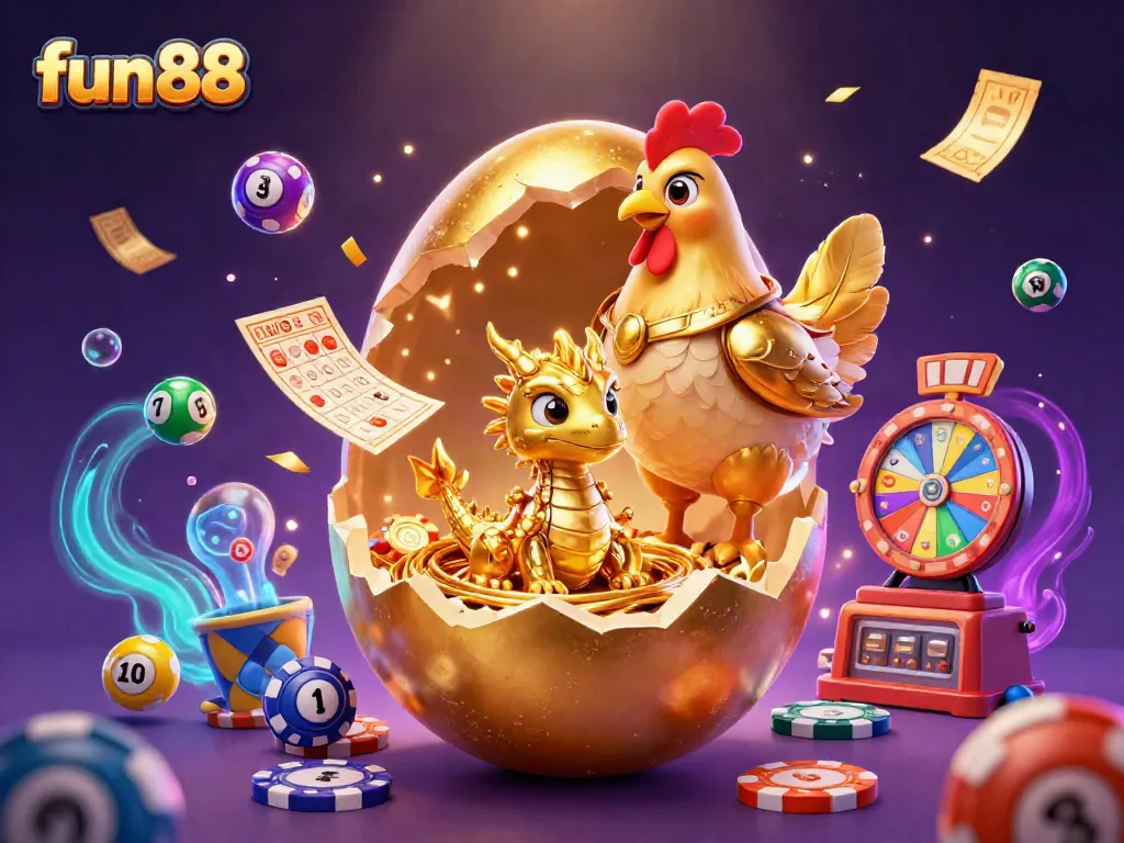 Experience fun88's lively atmosphere with a golden dragon and vibrant lottery elements revealing excitement at the casino.