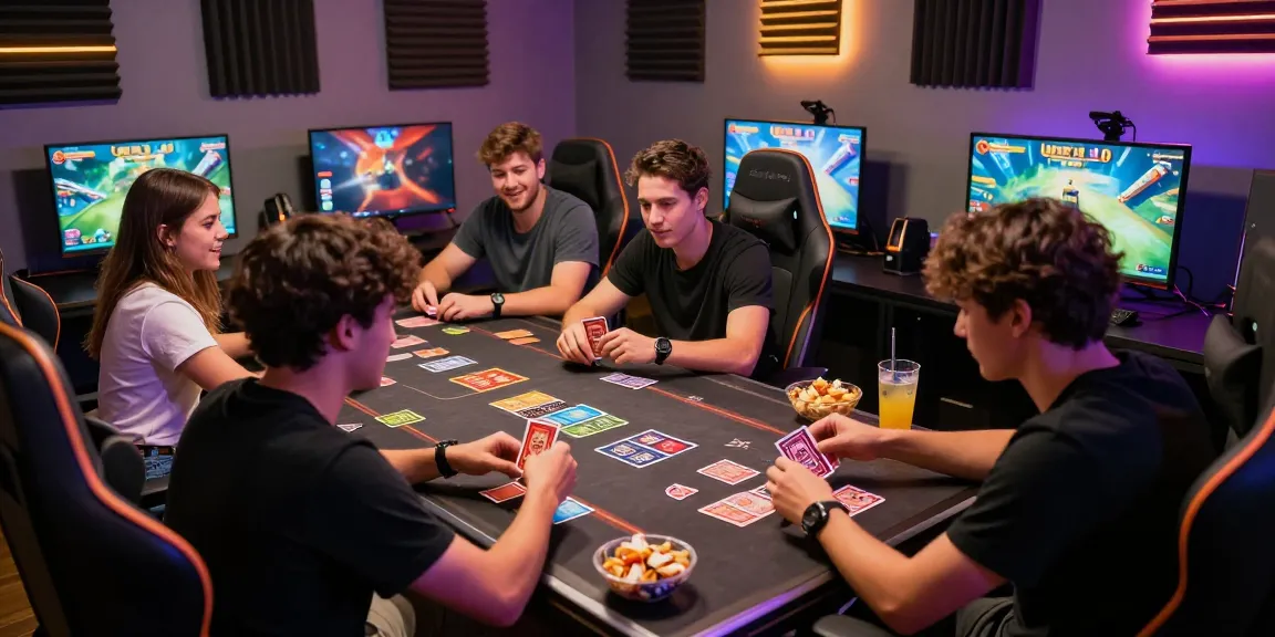 Friends enjoying a vibrant gaming session at rikvip gaming lounge, surrounded by colorful cards and modern décor.
