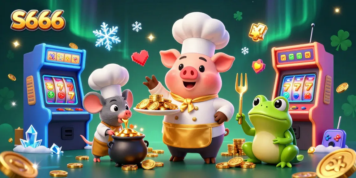 S666 showcases thrilling slot gameplay with a chef pig, mouse, and frog in a vibrant casino scene