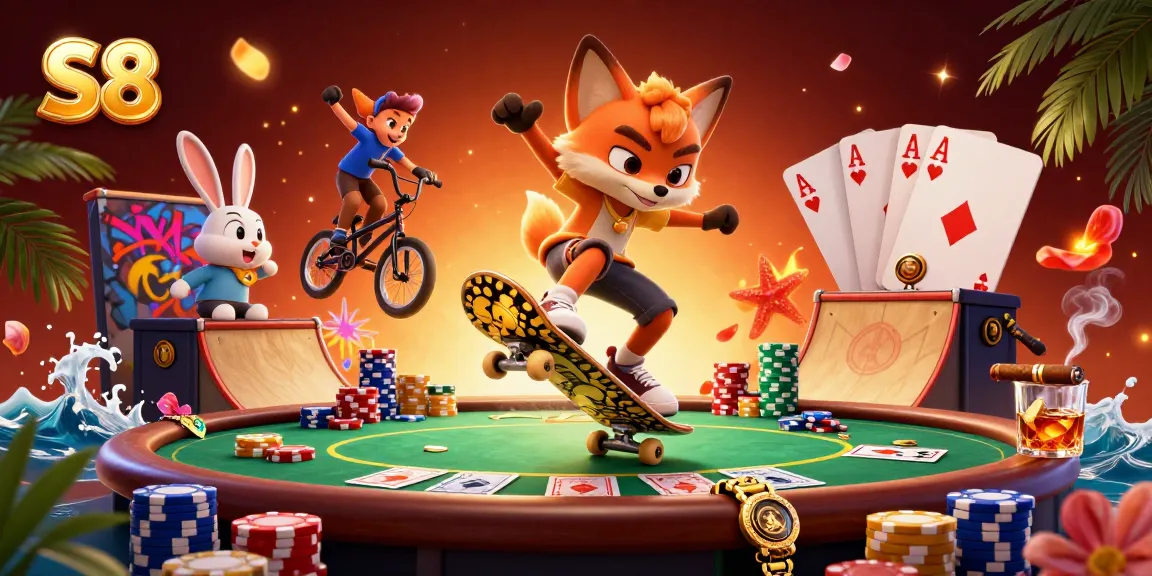 Experience the vibrant S8 casino scene with a skateboarding fox and BMX rabbit surrounded by poker elements.