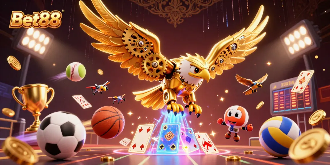 Experience thrilling action at Bet88 as a golden eagle dives through holographic cards, showcasing sports betting excitement.