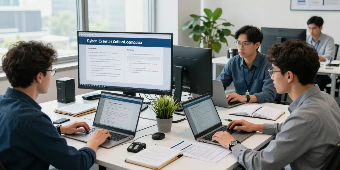 Team working on cyber essentials certification in a modern office environment.