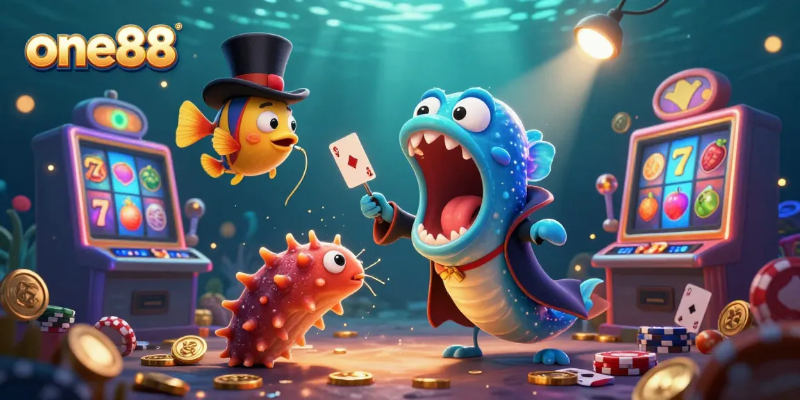Join the action with one88 as a glowing gulper eel performs card tricks in a vibrant casino scene.