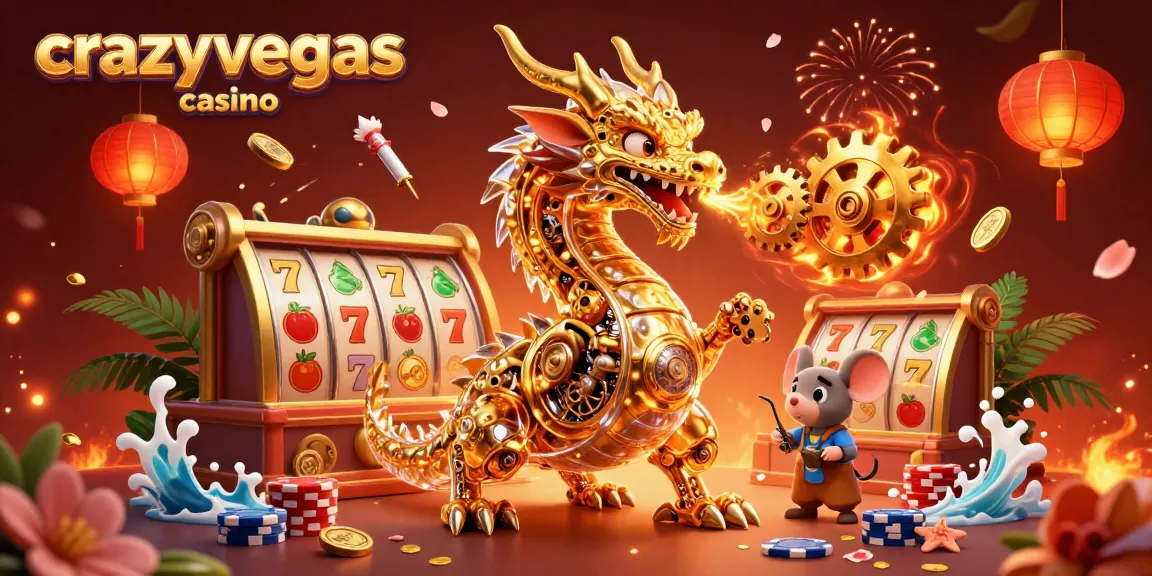 Experience the excitement at crazyvegas casino with a golden dragon breathing gears and cogs among vibrant casino symbols