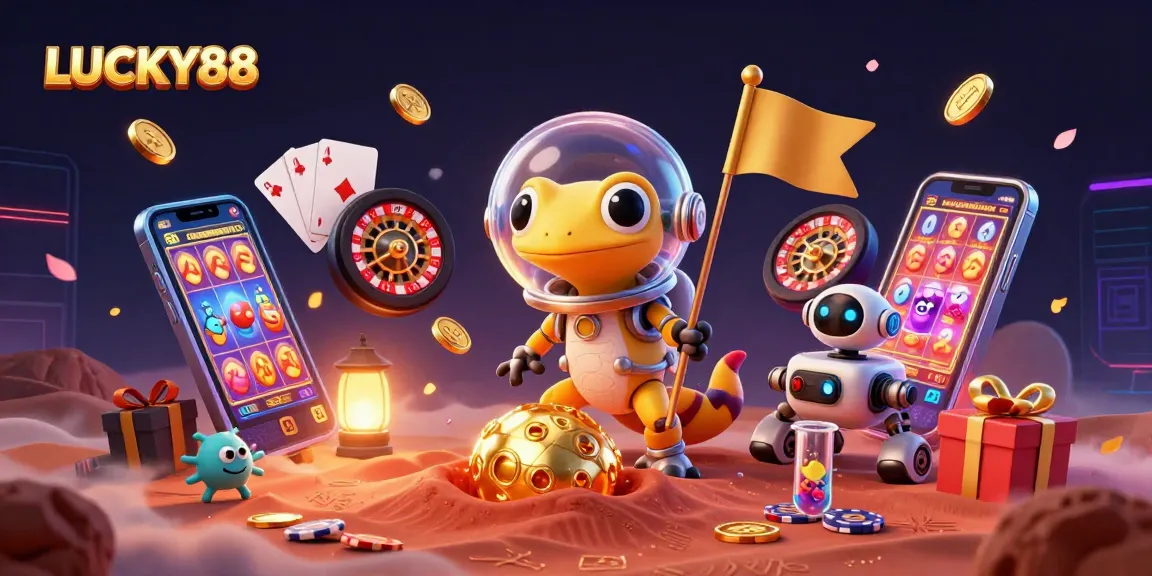 LUCKY88 casino adventure with a Martian gecko uncovering treasures and games on Mars.