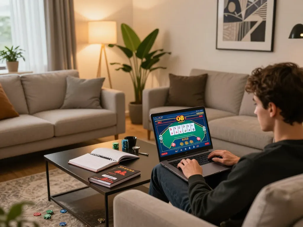 Playing casino games on O8 com using a laptop, showing poker interface with chips