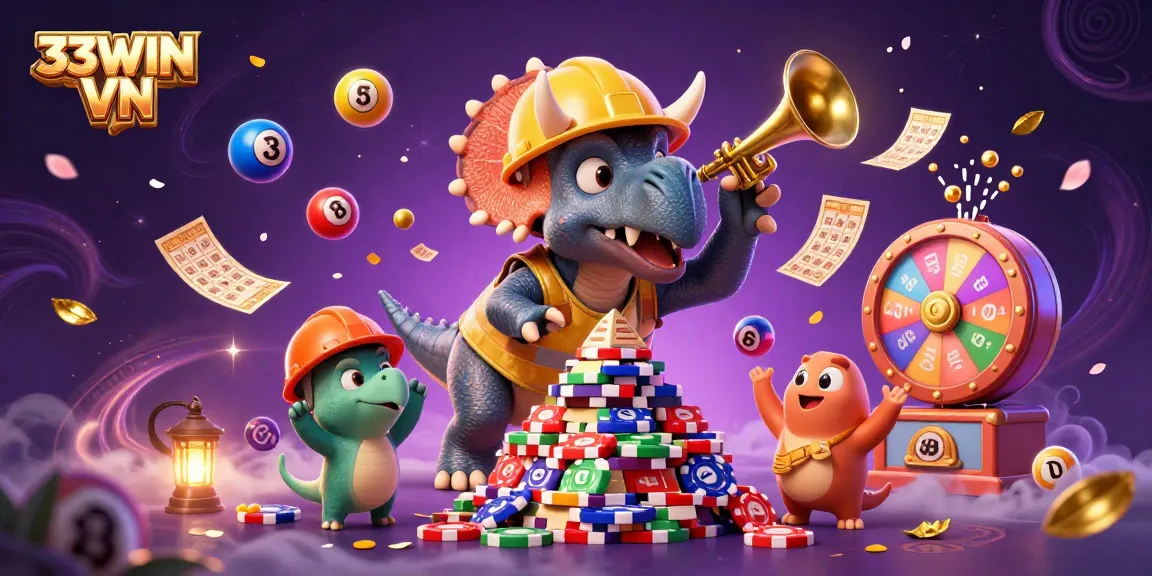 Experience thrilling moments of fun at 33WIN VN with a vibrant lottery celebration scene including colorful elements and cheering characters.