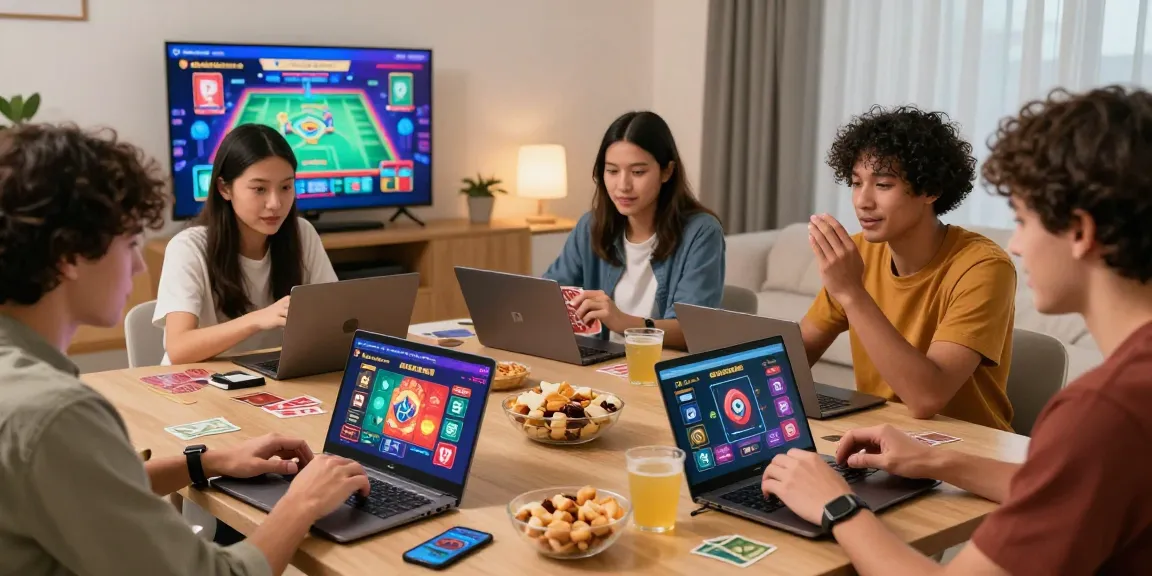 Friends playing card games on 68gamebai platform in a vibrant living room setting.