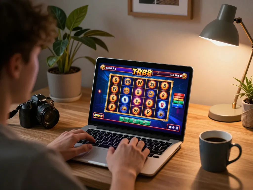 Player enjoying TR88 online slots at home, showcasing vibrant game graphics and relaxed gaming atmosphere.
